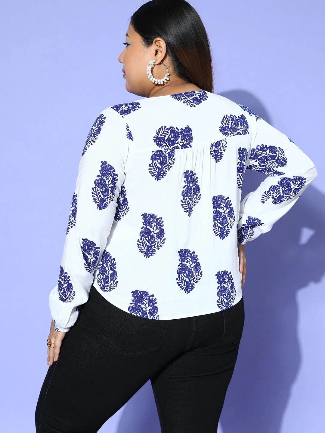 Berrylush Women Plus Size White & Blue Paisley Printed V-Neck Front Tie-Up Semi-Sheer Regular Blouson Top
