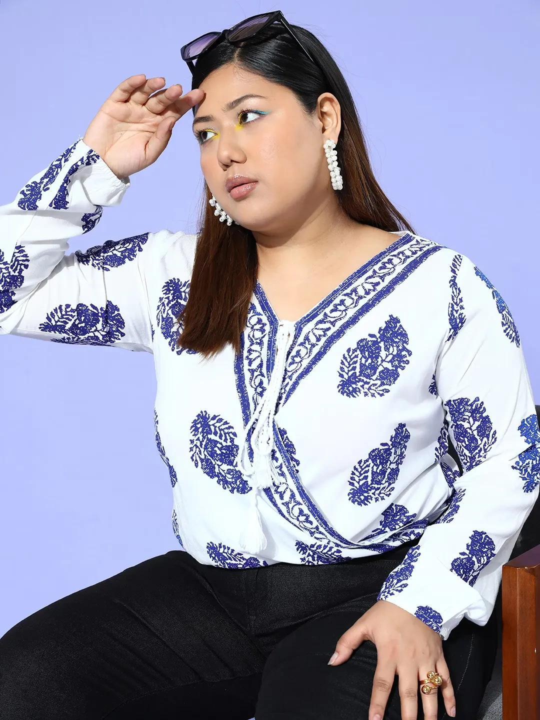 Berrylush Women Plus Size White & Blue Paisley Printed V-Neck Front Tie-Up Semi-Sheer Regular Blouson Top