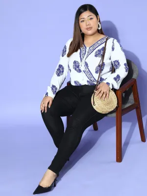 Berrylush Women Plus Size White & Blue Paisley Printed V-Neck Front Tie-Up Semi-Sheer Regular Blouson Top