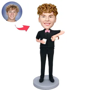 Custom Male Bartender Bobblehead In Black Overalls With Wine And Cups