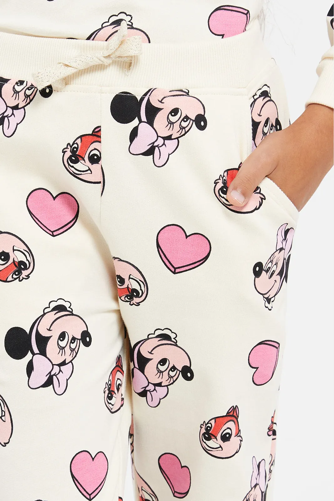 Girls Beige Chip And Dale Printed Track Pants