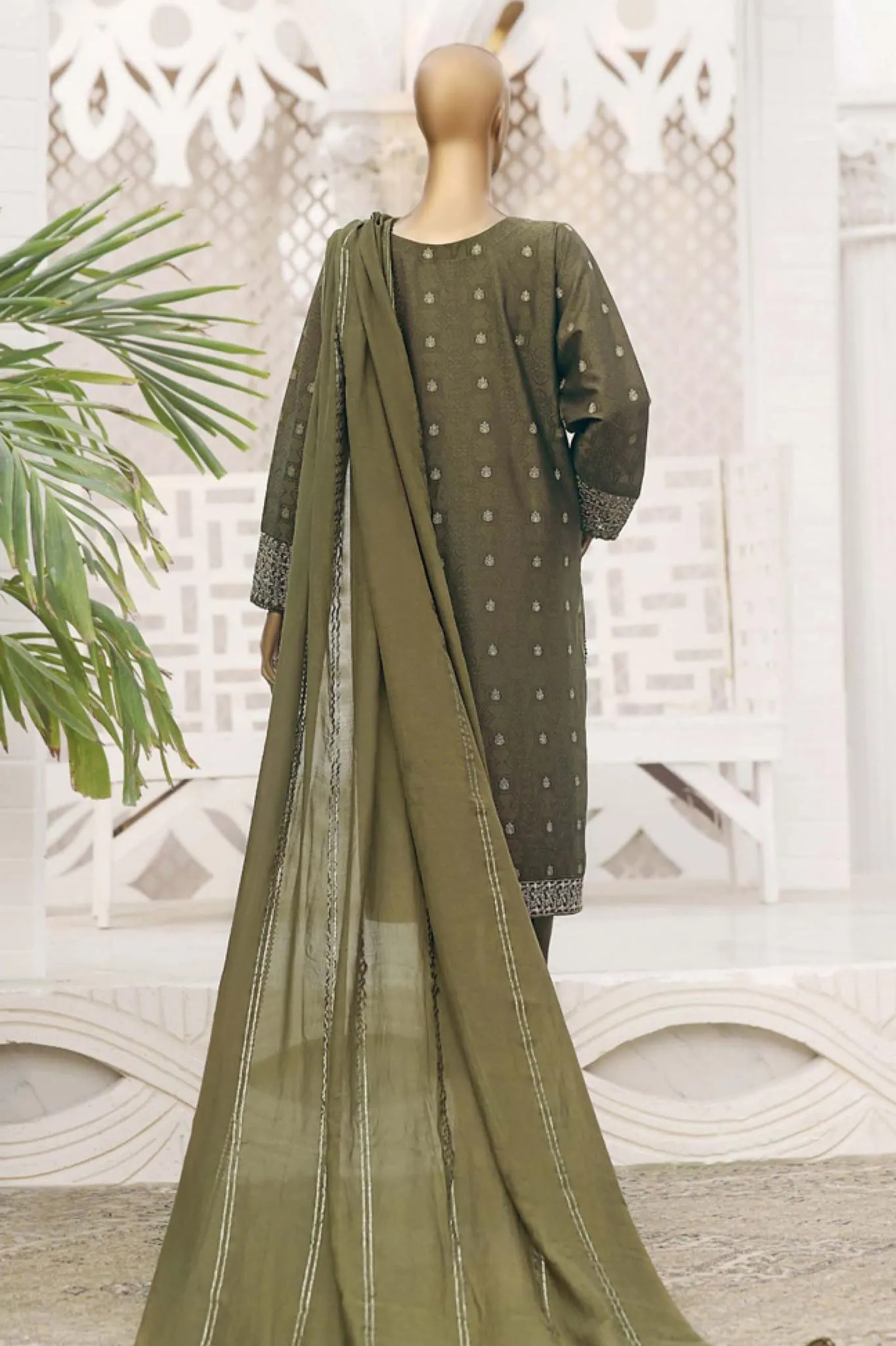Hz Festive Stitched 3 Piece Emb Jacquard Collection2023-HZJ-01-C-Dark Olive
