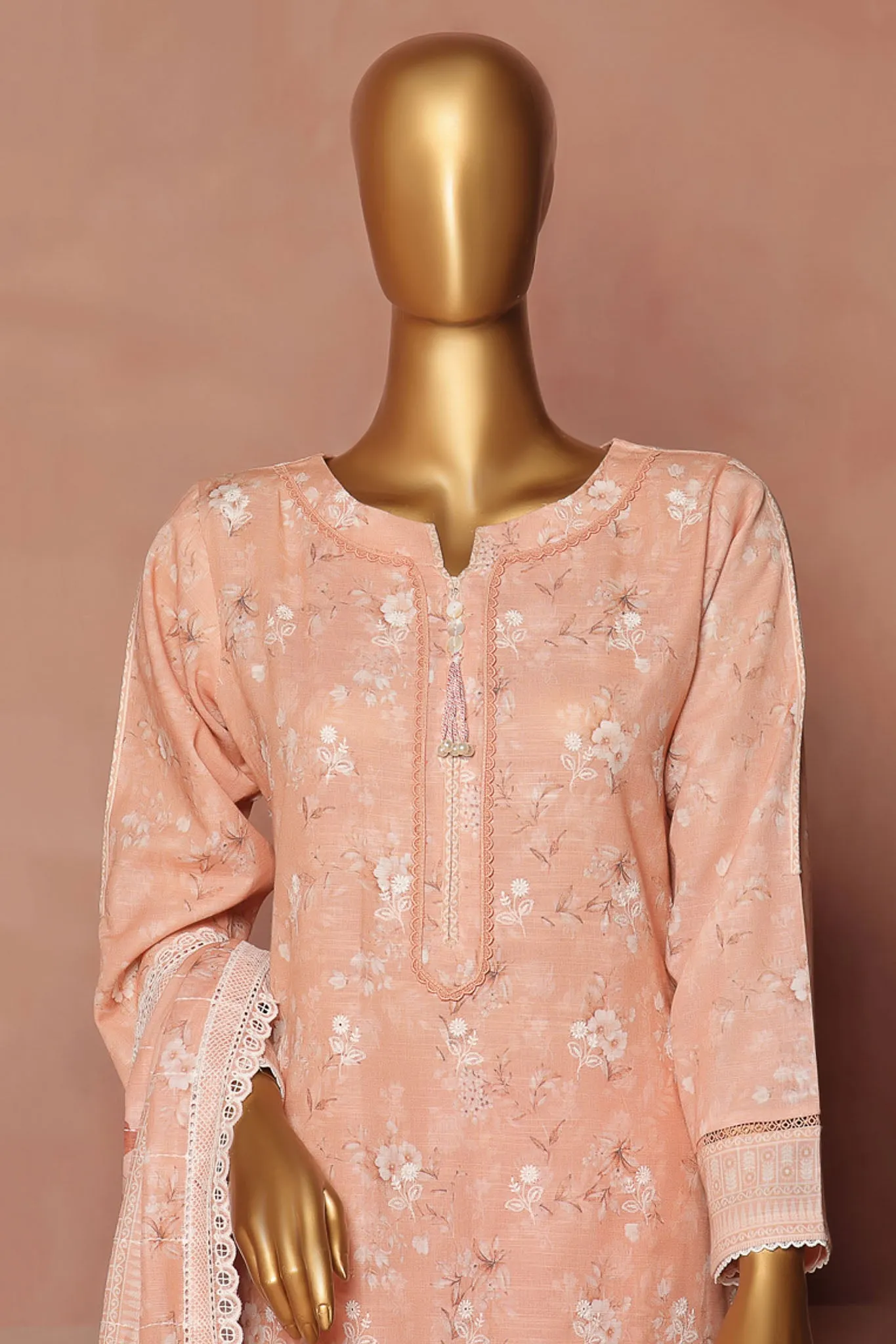 Hz Stitched 3 Piece Emb Chikankari Khaddar Vol-02 Collection'2024-KE-922-Peach