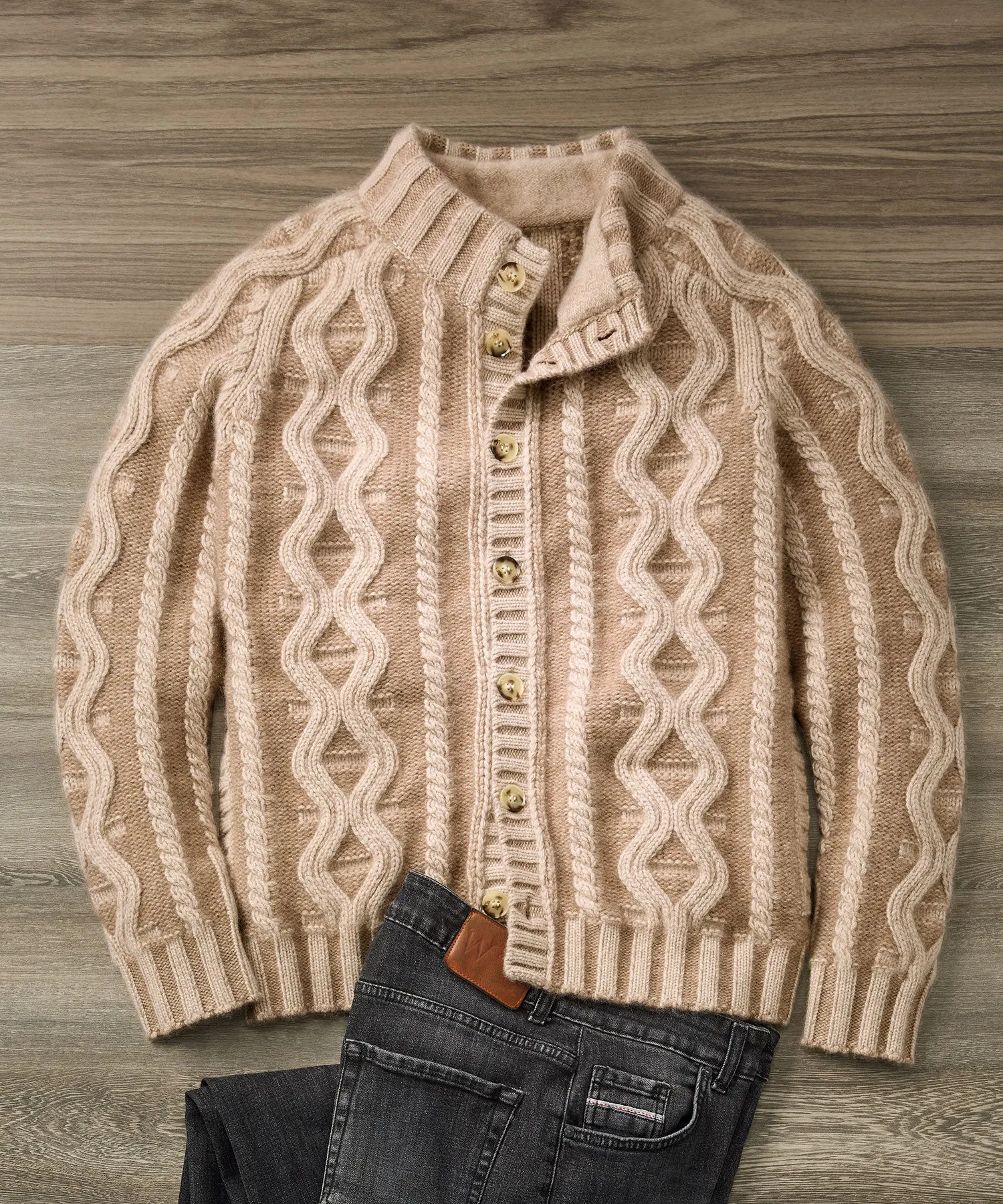 Kazakh Two-Tone Plaited Cable Cardigan