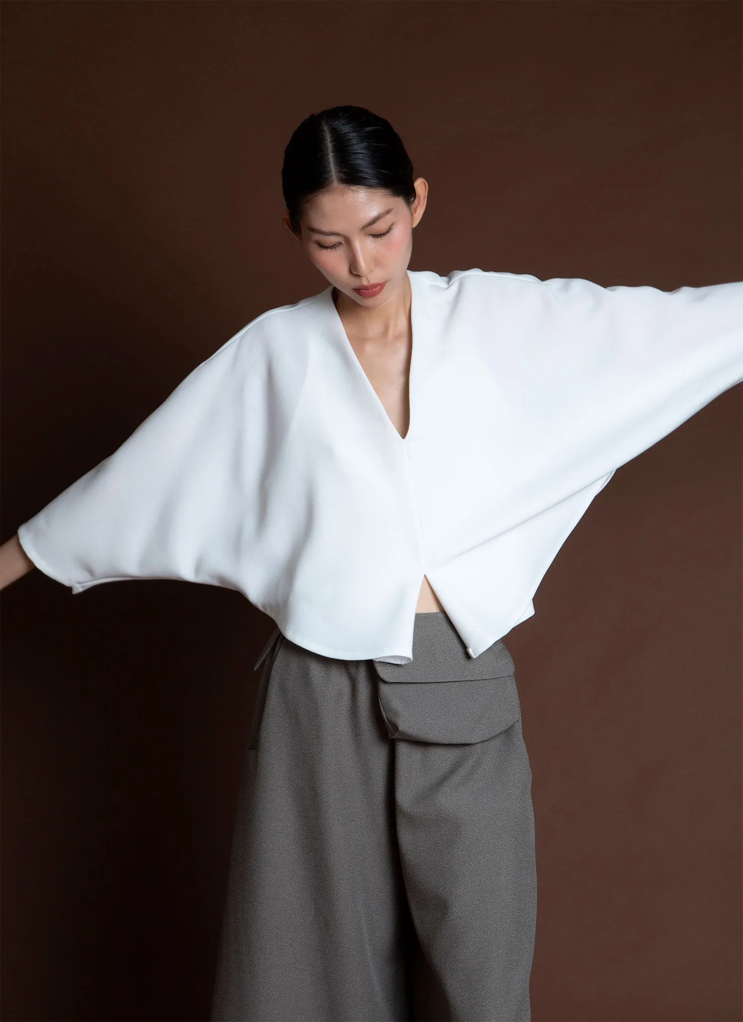 Lemongrass Double Folded Dolman V Neck Top - White