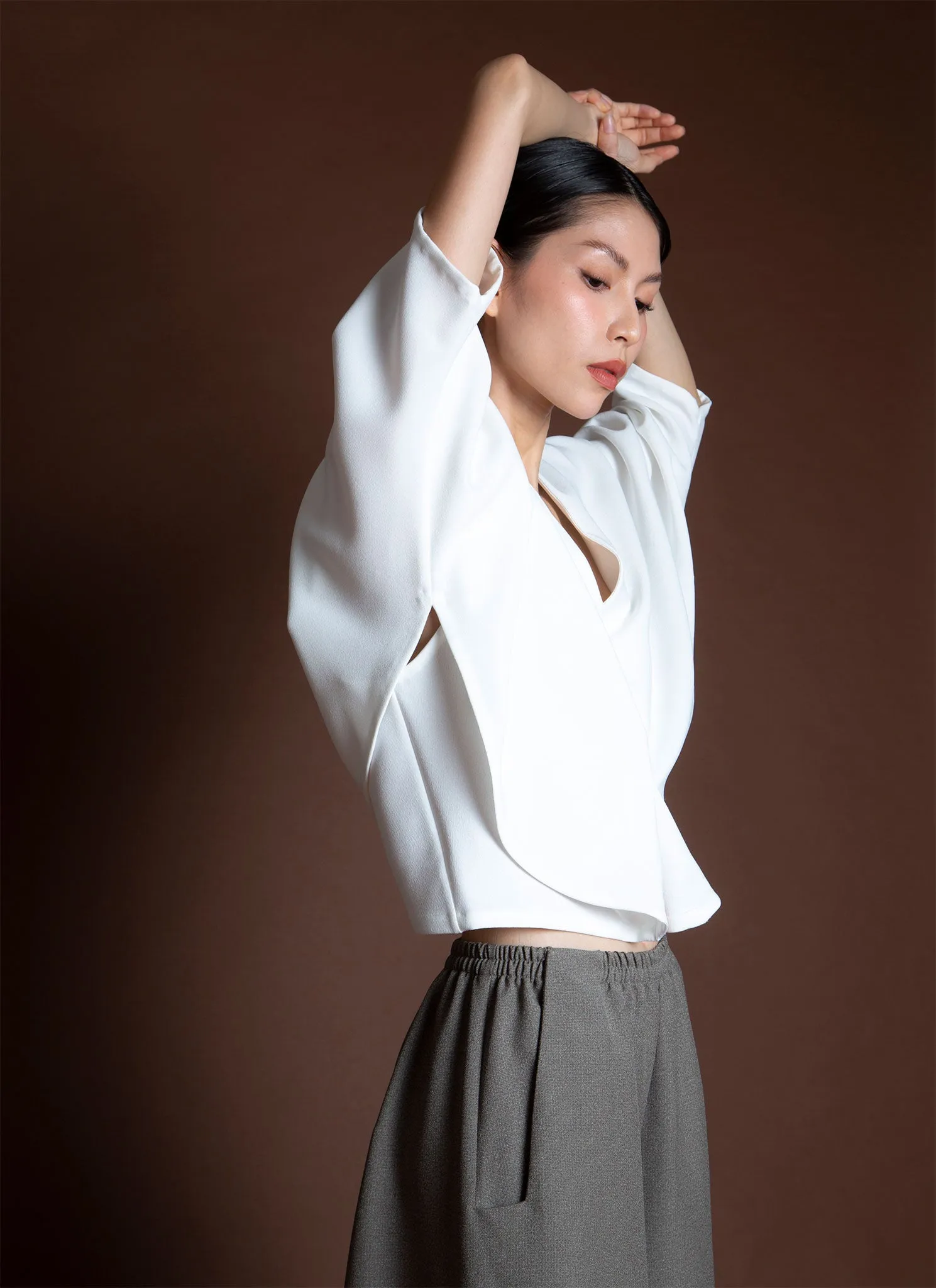 Lemongrass Double Folded Dolman V Neck Top - White