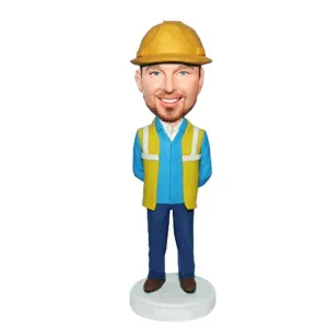 Male Engineer Architect In Overalls And Yellow Hard Hat Custom Figure Bobbleheads